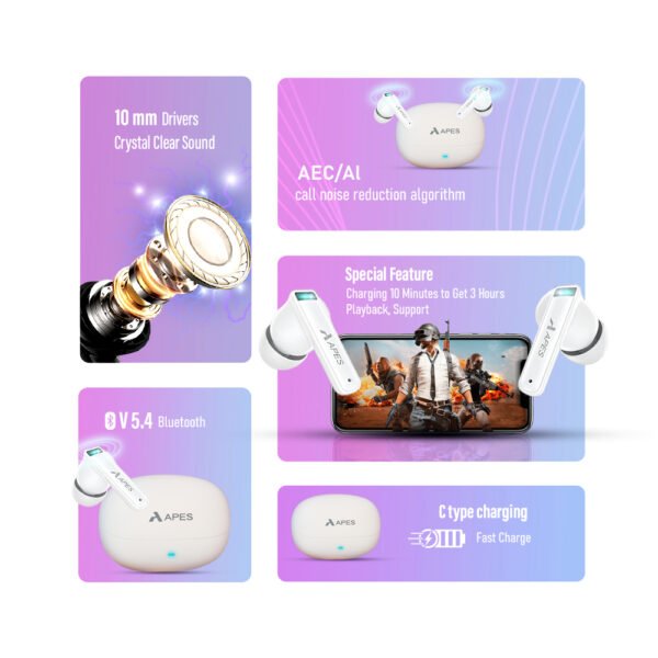 APES Blaze TWS | Wireless Bluetooth Earbuds | 10mm Drivers | 10 Min Charge = 3H Play | 5.5H Playback - Image 4