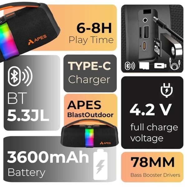 APES BlastOutdoor Speaker | 40W Bluetooth Party Speaker with RGB Lights & 8H Playtime - Image 9