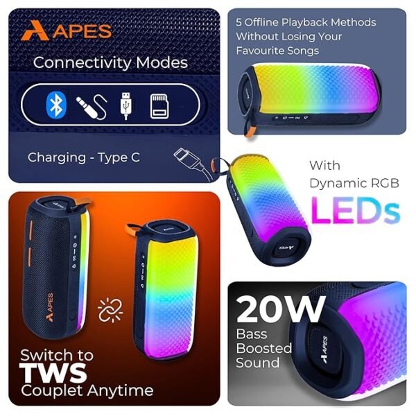APES Lightwave Speaker | Wireless Bluetooth Speaker with TWS Couplet, RGB Lights & 8H Playtime - Image 12