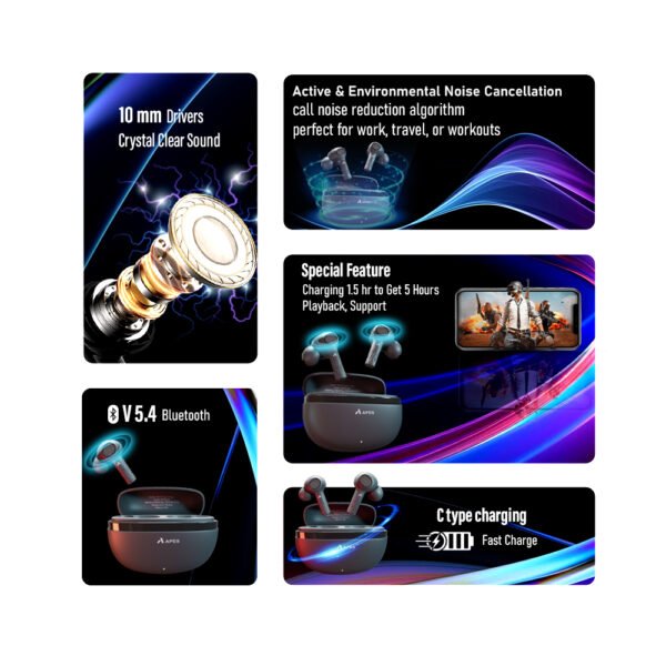 APES Rhythmraja TWS | Wireless Bluetooth Earbuds with ANC & ENC | 8mm Drivers | V5.4 Bluetooth - Image 4